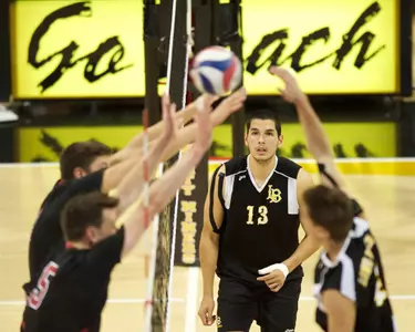 Taylor Gregory in the MPSF Conference Playoff match against Stanford at the Walter Pyramid, Long Beach, Calif., Saturday, April 20, 2013.