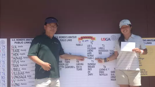 Chaewon Park (right) with her dad, fired a 71 at the U.S. Women's Amateur Public Links Sectional Qualifying at Goose Creek Golf Club.  (Photo by Joey Cerulle/LBSU)