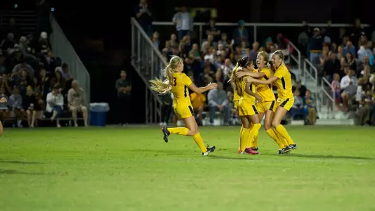 The 49ers celebrate the goal by Mimi Rangel.  (Photo by John Fajardo/LBSU)