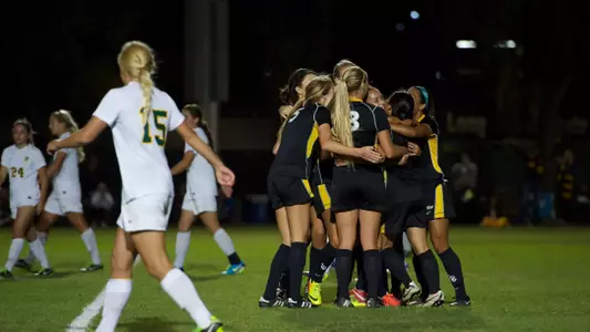 The 49ers celebrate a goal by Celeste Dominguez in the 86th minute.