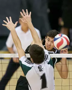 Senior Ian Satterfield had 12 kills and no errors on 17 attempts in a 3-0 win over the UBC Thunderbirds.<br><i>(Photo by John Fajardo)</i>