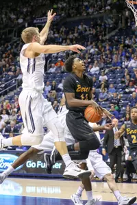 Nov 14, 2014; Provo, UT, USA; Long Beach State 49ers guard Deontae North (13) dribbles past Brigham Young Cougars guard Tyler Haws (3) during the first half at Marriott Center. Mandatory Credit: Chris Nicoll-USA TODAY Sports