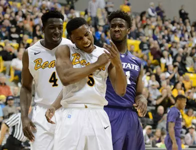 Mike Caffey reacts after blocking a shot against the Kansas State Wildcats. Kelvin Kuo-USA TODAY Sports
