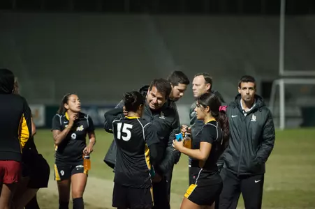 Head Coach Mauricio Ingrassia with Mimi Rangel and Ashley Gonzales.  2014 Big West Conference Tournament, San Luis Obispo, Calif. (Photo by John Fajardo/LBSU)