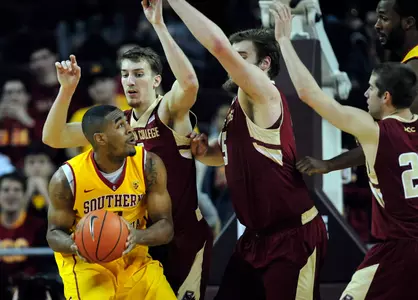 December 8, 2013; Los Angeles, CA, USA; Southern California Trojans forward Roschon Prince (2) moves to the basket against the Boston College Eagles during the first half at Galen Center. Mandatory Credit: Gary A. Vasquez-USA TODAY Sports