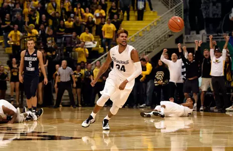 Nov 16, 2015; Long Beach, CA, USA; Long Beach State 49ers guard Travis Hammonds (24) reacts after the Brigham Young Cougars were unable to grab an inbound pass to end the second half at The Pyramid. The Long Beach State 49ers won 66-65. Mandatory Credit: Kelvin Kuo-USA TODAY Sports