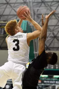 Dec 1, 2015; Long Beach, CA, USA; Long Beach State 49ers guard Noah Blackwell (3) shoots the ball as San Diego State Aztecs guard Dakarai Allen (R) defends during the second half at The Pyramid. The Aztecs won 76-72. Mandatory Credit: Kelvin Kuo-USA TODAY Sports