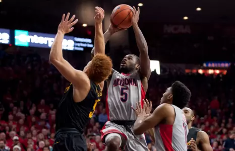 Arizona Wildcats guard Kadeem Allen shoots the ball as 49ers guard Noah Blackwell defends during the first half at McKale Center. Credit: Casey Sapio-USA TODAY Sports