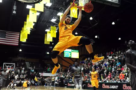 Dec 3, 2015; Fort Collins, CO, USA; Long Beach State 49ers forward Gabe Levin (0) dunks. Credit: Ron Chenoy-USA TODAY Sports