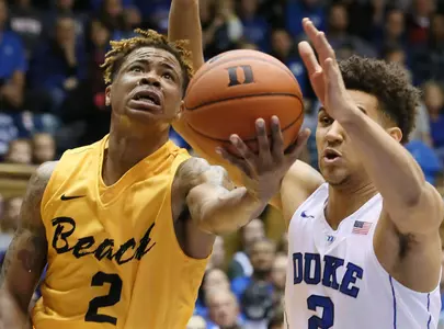 Dec 30, 2015; Durham, NC, USA; Long Beach State 49ers guard Nick Faust (2) drives. Credit: Mark Dolejs-USA TODAY Sports