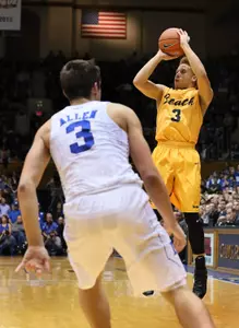 Dec 30, 2015; Durham, NC, USA; Long Beach State 49ers guard Noah Blackwell (3) shoots the ball. Credit: Mark Dolejs-USA TODAY Sports