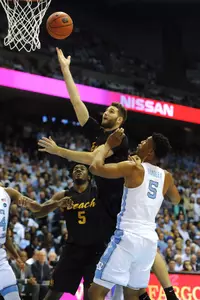 Long Beach State 49ers forward Gabe Levin (0) shoots over North Carolina Tar Heels forward Tony Bradley (5) during the first half at Dean E. Smith Center. Evan Pike-USA TODAY Sports