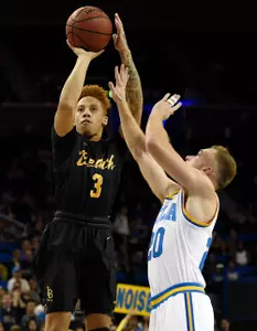 Nov 20, 2016; Los Angeles, CA, USA; Long Beach State 49ers guard Noah Blackwell (3) attempts a shot defended by UCLA Bruins guard Bryce Alford (20). Kelvin Kuo-USA TODAY Sports
