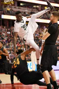Hawaii Rainbow Warriors guard Sheriff Drammeh falls after he loses the ball off of a shot as 49ers guard Travis Hammonds defends during the second half in the championship game of the Big West conference tournament at Honda Center. Credit: Kelvin Kuo-USA TODAY Sports