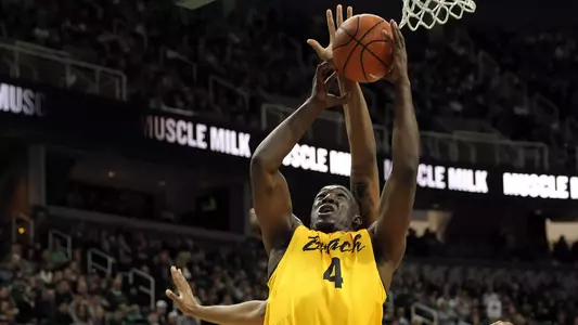 Long Beach State 49ers forward Temidayo Yussuf (4) lays the ball up against the Michigan State Spartans during the first half of a game at the Jack Breslin Student Events Center. Mike Carter-USA TODAY Sports