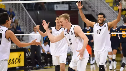 Apr 20, 2017; Long Beach, CA, USA; Long Beach St. 49ers celebrate a point during the semi-final against UC Irvine Anteaters at Walter Pyramid. Long Beach St. 49ers won 3-0. Mandatory Credit: Jayne Kamin-Oncea-USA TODAY Sports