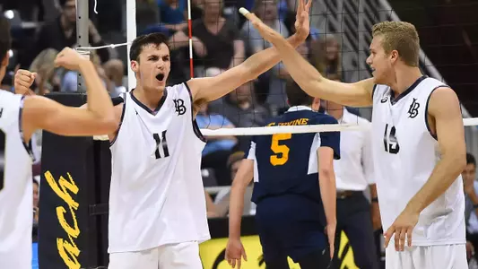 Apr 20, 2017; Long Beach, CA, USA;  Long Beach St. 49ers outside hitter Andrew Whitt (20), outside hitter TJ DeFalco (11) and middle blocker Bryce Yould (19) celebrate during the semi-final match against the UC Irvine Anteatersat Walter Pyramid. Long Beach St. 49ers won 3-0. Mandatory Credit: Jayne Kamin-Oncea-USA TODAY Sports