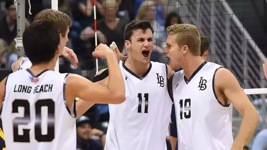 Apr 20, 2017; Long Beach, CA, USA;  Long Beach St. 49ers outside hitter Andrew Whitt (20), outside hitter TJ DeFalco (11) and middle blocker Bryce Yould (19) celebrate during the semi-final match against the UC Irvine Anteatersat Walter Pyramid. Long Beach St. 49ers won 3-0. Mandatory Credit: Jayne Kamin-Oncea-USA TODAY Sports
