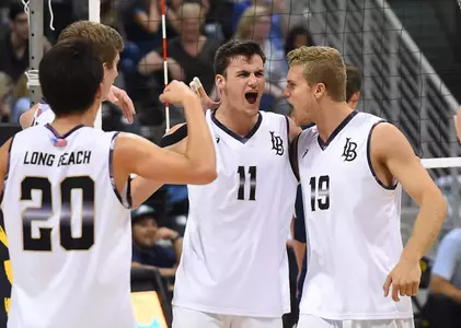 Apr 20, 2017; Long Beach, CA, USA; Long Beach St. 49ers outside hitter Andrew Whitt (20), outside hitter TJ DeFalco (11) and middle blocker Bryce Yould (19) celebrate during the semi-final match against the UC Irvine Anteatersat Walter Pyramid. Long Beach St. 49ers won 3-0. Mandatory Credit: Jayne Kamin-Oncea-USA TODAY Sports