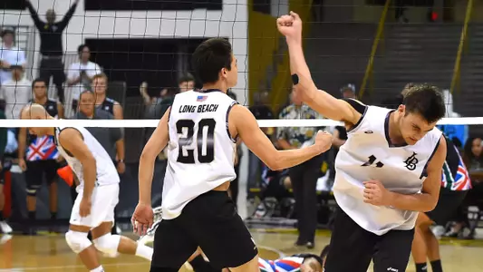 Long Beach State 49ers outside hitter TJ DeFalco (11) pumps his fist after Long Beach State 49ers outside hitter Andrew Whitt (20) scored the winning point of the match in the MPSF final game against the Hawaii Rainbow Warriors at the Walter Pyramid. Long Beach State won 3-1. Jayne Kamin-Oncea-USA TODAY Sports