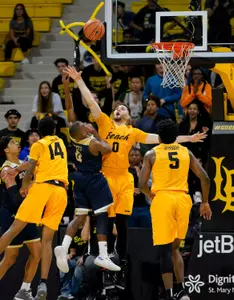 Feb 3, 2018; Long Beach, CA, USA; Long Beach State 49ers forward Gabe Levin (0) defends during overtime. Kelvin Kuo-USA TODAY Sports.