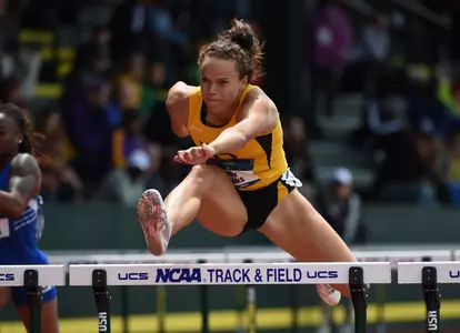 Jun 10, 2016; Eugene, OR, USA; Riley Cooks of Long Beach State runs 13.59 in the heptathlon 100m hurdles during the 2016 NCAA Track and Field championships at Hayward Field. Mandatory Credit: Kirby Lee-Image of Sport