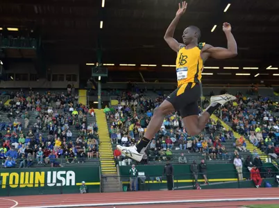 Jun 12, 2014; Eugene, OR, USA; Willie Alexander of Long Beach State places second in the long jump at 25-4 1/2 (7.73m) in the 2014 NCAA Track & Field Championships at Hayward Field. Mandatory Credit: Kirby Lee-USA TODAY Sports