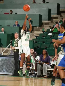 Sophomore Candice Adams takes a jumper in the Mean Green's 75-74 exhibition win over Southern Arkansas. She had two three-pointers in the game.