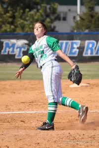 Junior Madison Thompson pitching on the road against Middle Tennessee