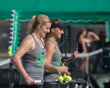 Seniors Franziska Sprinkmeyer, left, and Kseniya Bardabush will play in their last home match on April 12 against the 18-1 South Alabama Jaguars.