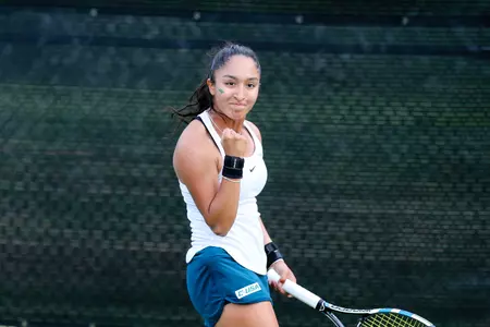 Arciniegas pumps her fist during her match versus SMU on April 13. She has now won two straight singles matches and is 6-5 on the year.
