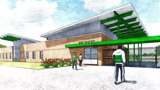 An artist's rendering of the entrance to the new North Texas soccer and track and field stadium.