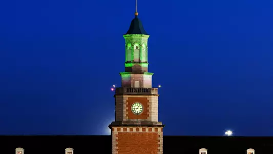 Administration Tower lit green following a Mean Green victory