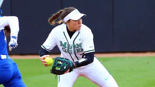 North Texas infielder Rhylie Makawe prepares to throw to first