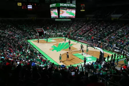 DENTON, TX - DECEMBER 05: North Texas Mean Green Men's Basketball v Oklahoma at Super Pit - North Texas Coliseum on December 5, 2019 in Denton, Texas.