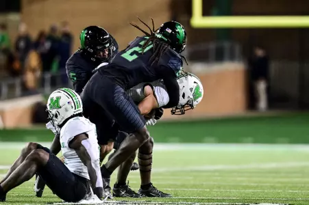 Denton, TX - October 15th, 2021:  Marshall Thundering Herd vs North Texas Mean Green at Apogee Stadium in Denton, Texas.  (Photo by Manny Flores)