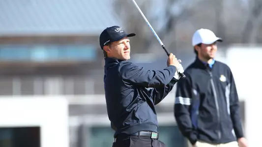 Lenny Bergsson tees off at the Trinity Forest Invitational