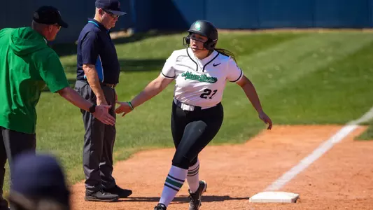 Laila Nobles celebrates three-run home run with head coach Cody White at UTSA on March 21