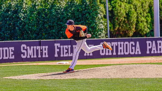 Josh Farmer on the follow through of a pitch