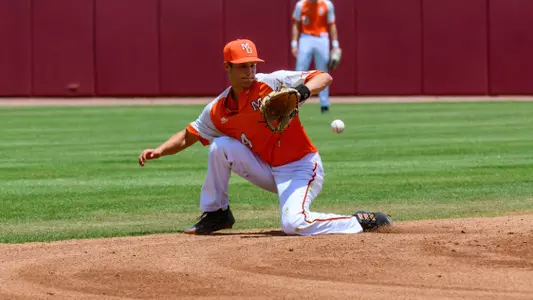 Trevor Austin on his knee about to make a catch