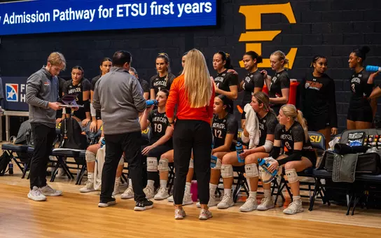 Volleyball Team Huddle, ETSU Saturday Recap