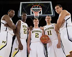 From left: Glenn Robinson III, Caris LeVert, Spike Albrecht, Nik Stauskas and Mitch McGary