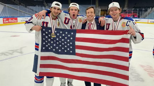 From left: Matty Beniers, Brendan Brisson, Kris Mayotte, Cam York (USA Hockey)
