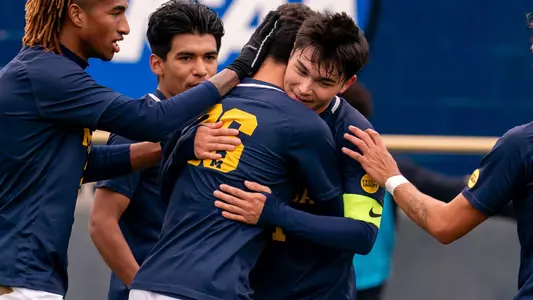 Men's soccer team celebration hug