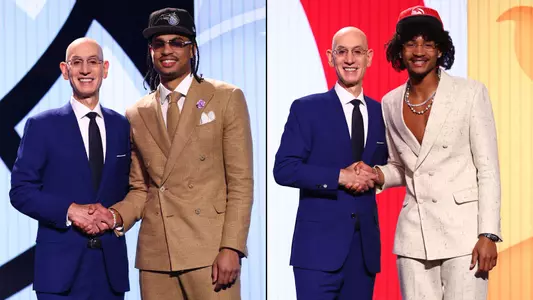 Jett Howard, left, and Kobe Bufkin shake hands with NBA commissioner Adam Silver