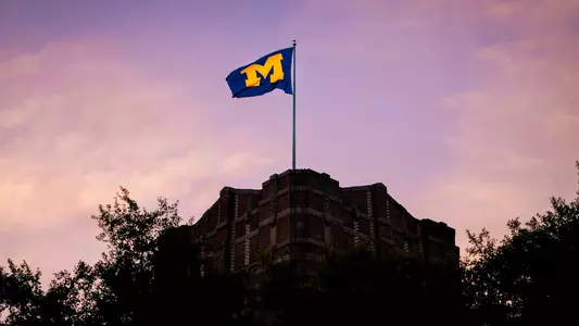 Block M Flag on campus Building