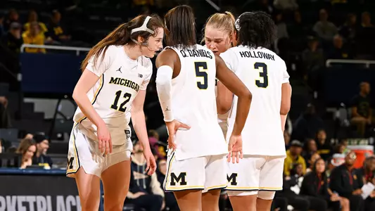 Women's basketball team huddle on-court