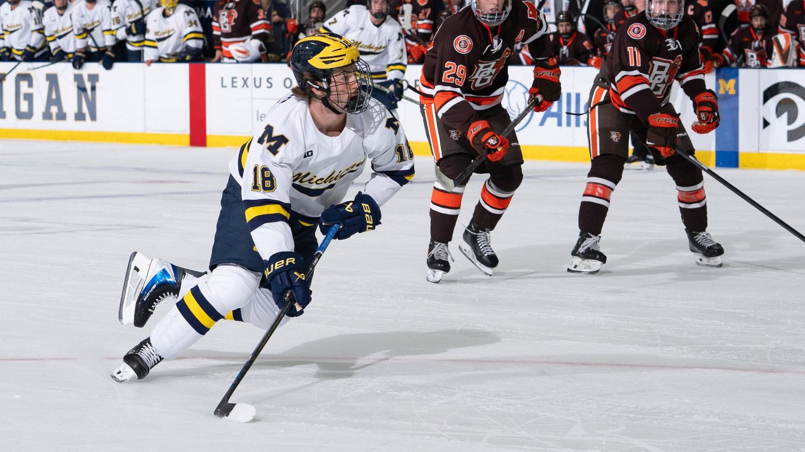 Michigan rallied from a two-goal deficit behind four-point nights from Jayden Perron and Michael Hage and 38 saves from Jack Ivankovic to sweep Bowling Green...