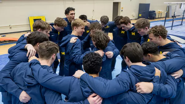 Men's gymnastics team huddle