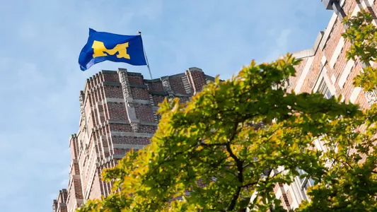 Block M Flag on Campus Building
